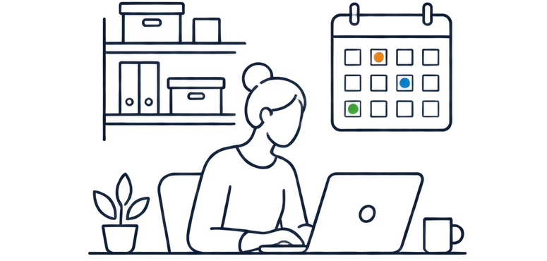 A person at a laptop in a small home office with shelves of boxes