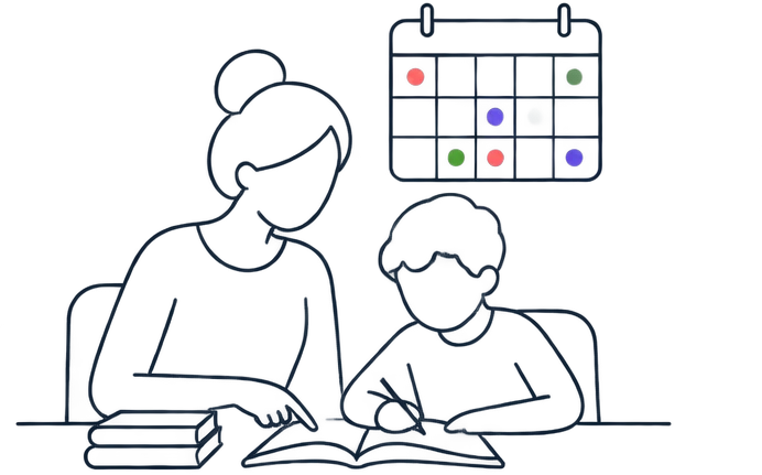 A parent and child at the kitchen table with homework, a wall calendar behind them