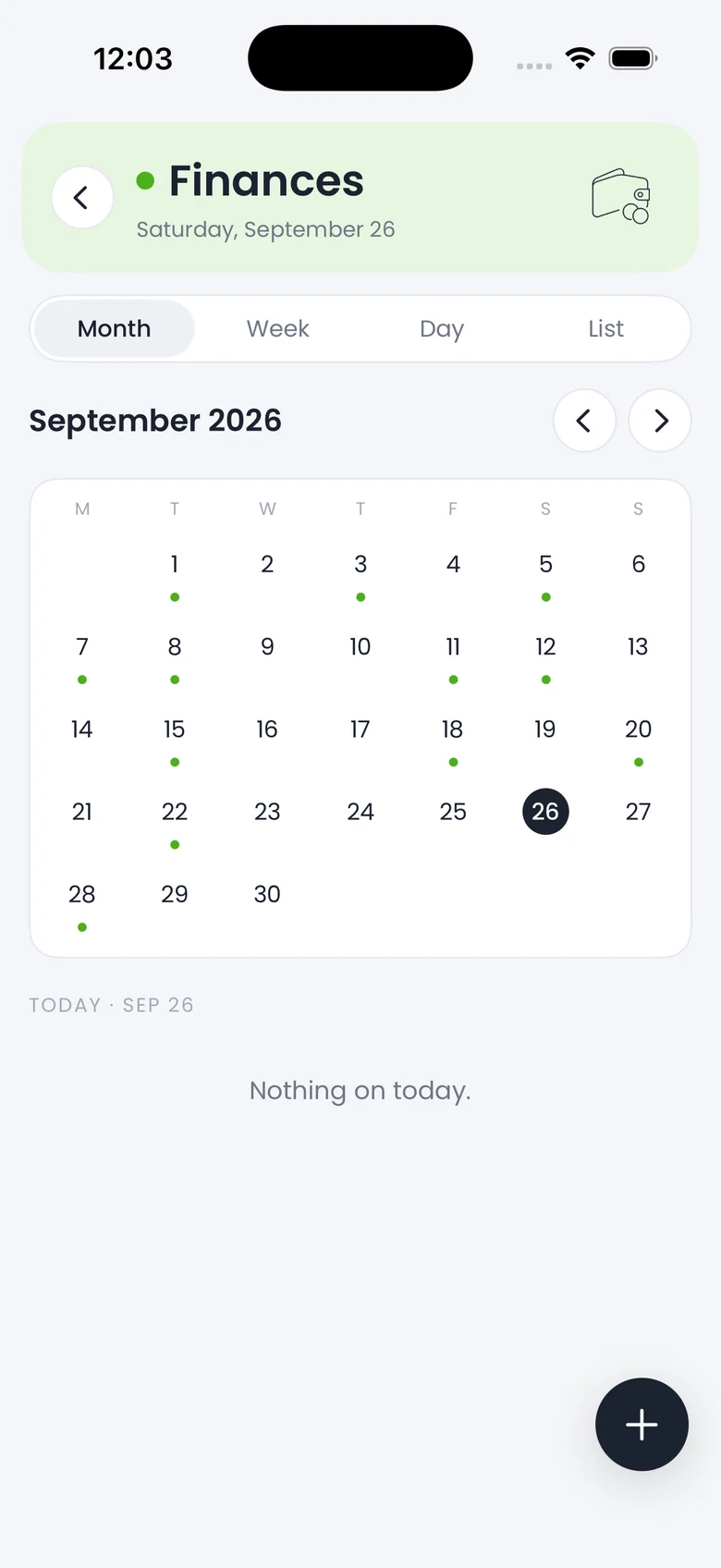 Month view of the Finances calendar with green dots under bill days
