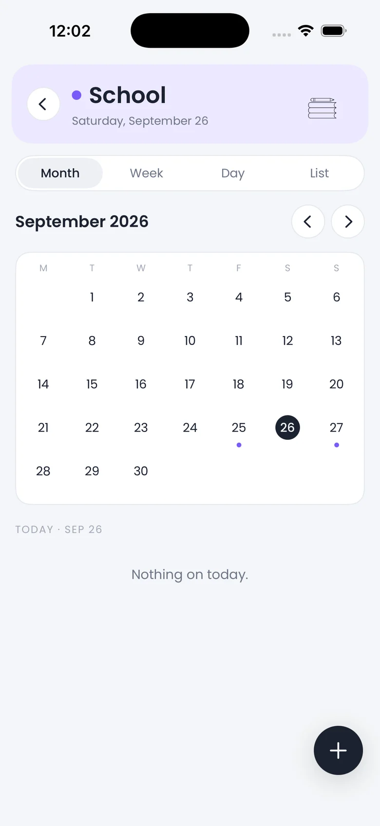 A calendar in Month view under a violet header, with dots under the busy days